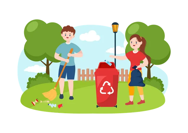 Little boy and girl gathering waste and disposal properly  イラスト