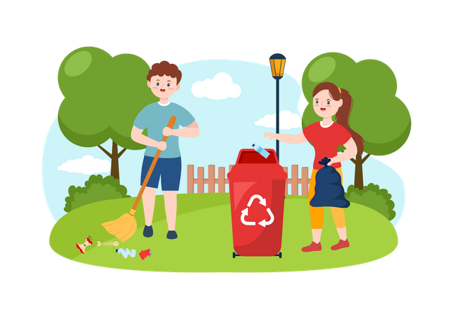 Little boy and girl gathering waste and disposal properly  Illustration