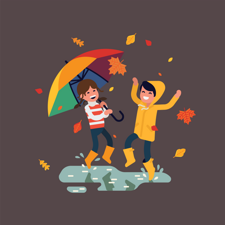 Little boy and girl having fun outside wearing rubber boots, yellow raincoat and rainbow colored umbrella  Illustration