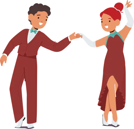 Charming Duet Little Boy And Girl Characters In Retro Costumes Gracefully Glide Across Dance Floor Mastering Foxtrot With Twirls Giggles And Innocent Elegance Cartoon People Vector Illustration Illustration