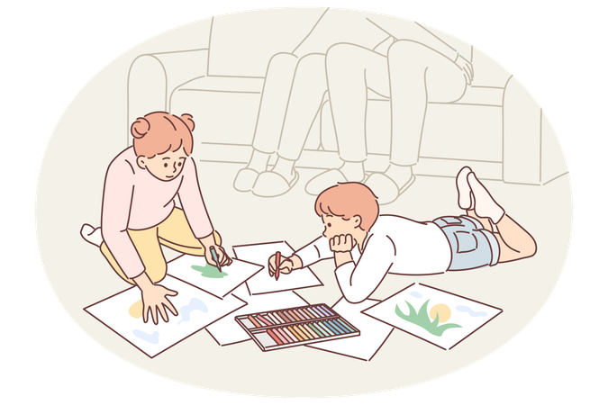 Little boy and girl painting together sitting on floor doing art spending time with family  Illustration
