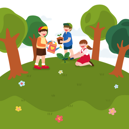 Little boy and girl planting tree  Illustration