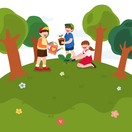 Little boy and girl planting tree  Illustration