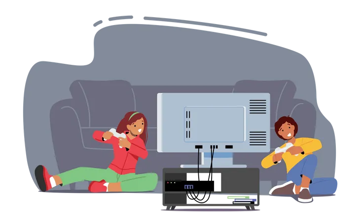 Little Boy and Girl Playing Video Games Illustration