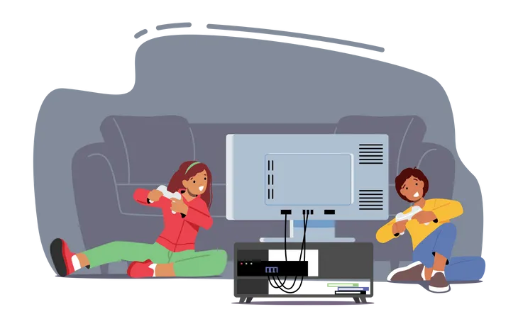 Little Boy and Girl Playing Video Games  Illustration