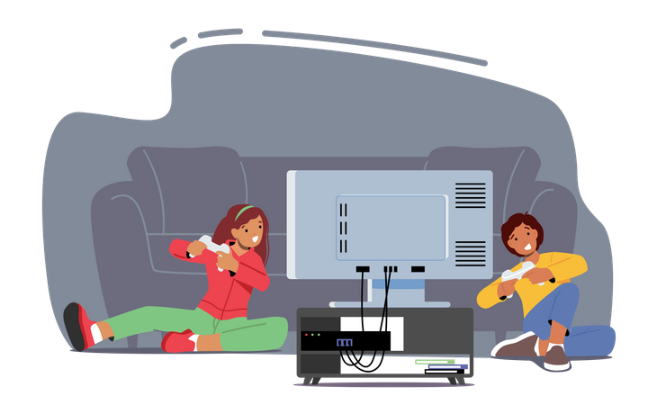 Little Boy and Girl Playing Video Games  Illustration