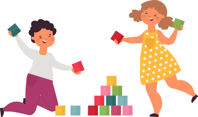 Little boy and girl playing with toys  Illustration