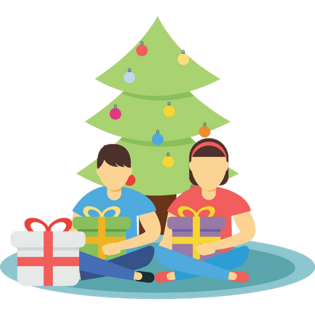 Little boy and girl sitting with Christmas gift Illustration