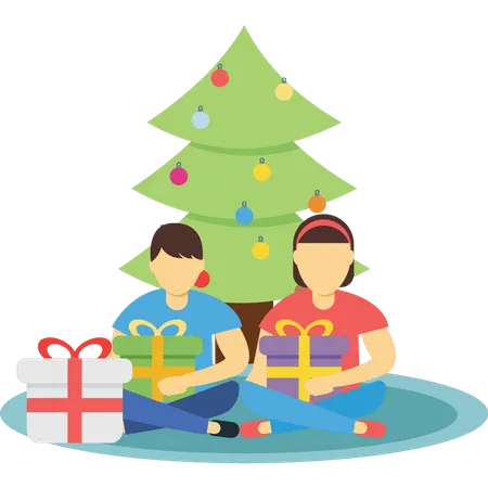 The Boy And The Girl Are Sitting With Their Christmas Presents Illustration