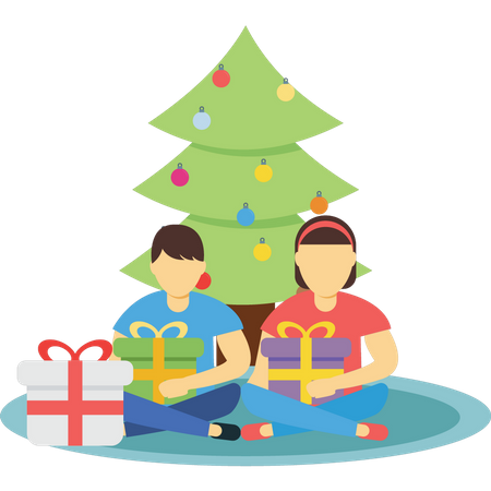 Little boy and girl sitting with Christmas gift  Illustration