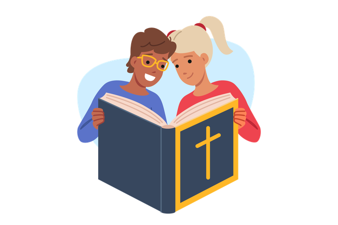 Little boy and girl studying christian literature about catholic faith  Illustration