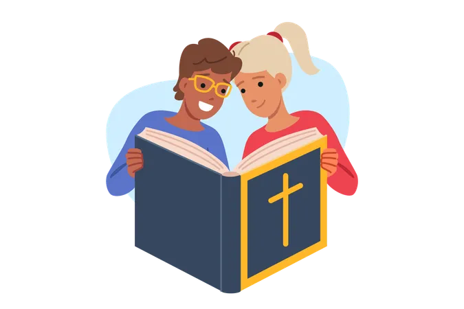 Little boy and girl studying christian literature about catholic faith  Illustration