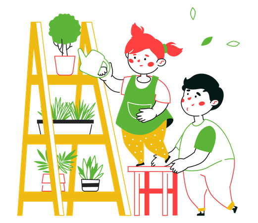 Little boy and girl watering plants  Illustration