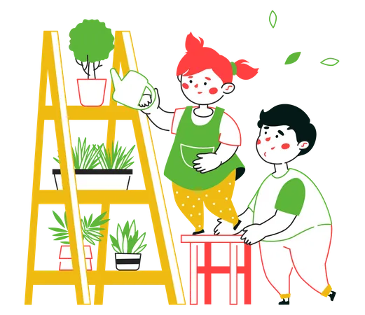 Little boy and girl watering plants  Illustration