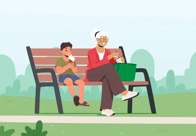 Little Boy And Grandmother Eating Ice Cream In City Park  Illustration