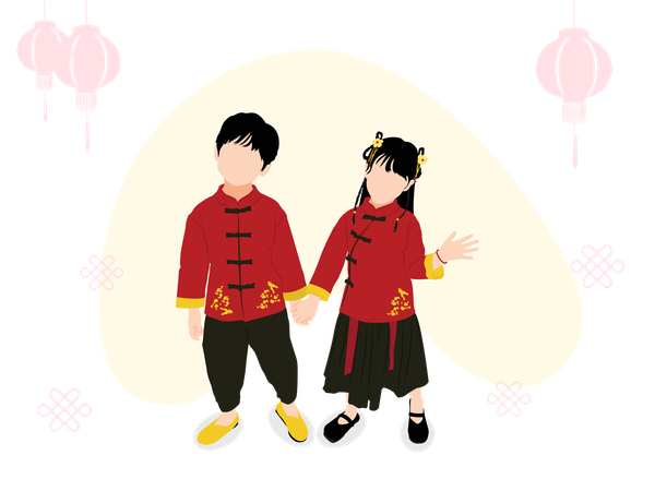 Little boy and little girl with traditional chinese dress  일러스트레이션
