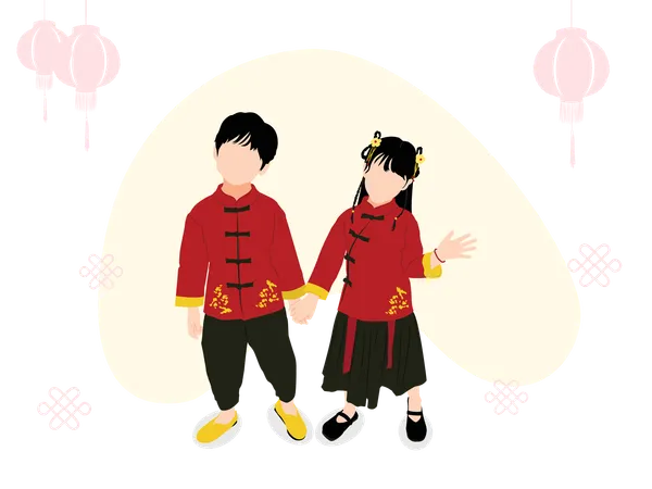 Little boy and little girl with traditional chinese dress  일러스트레이션