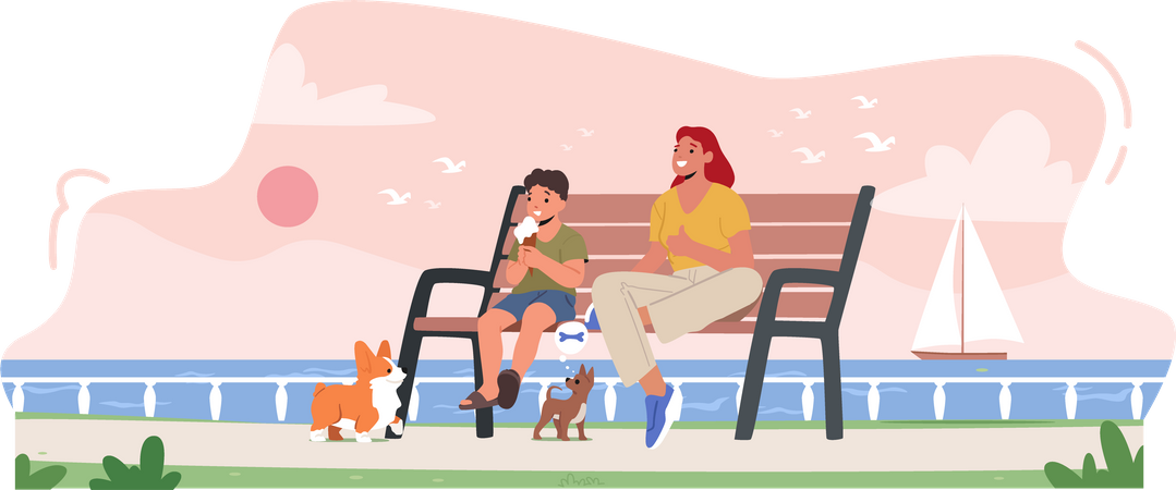 Little Boy and Mother Eating Ice Cream Sitting on Bench  Illustration