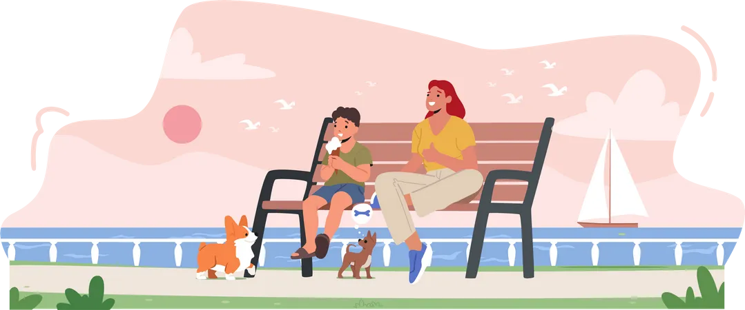 Little Boy and Mother Eating Ice Cream Sitting on Bench  Illustration