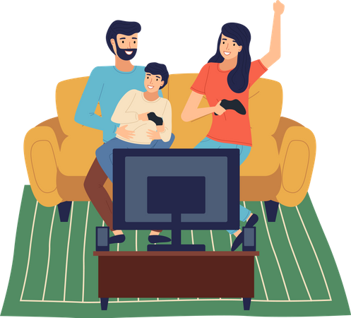 Little boy and parent playing video games  Illustration