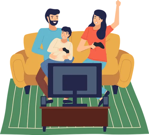 Happy Family Spend Time At Home Little Boy With Joystick Relaxing Playing Video Games With Dad And Mom Sit At Sofa Indoors Activity Hobby Recreation Leisure Time At Home Isolated Characters Illustration