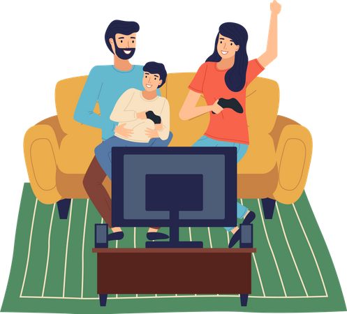 Little boy and parent playing video games  Illustration