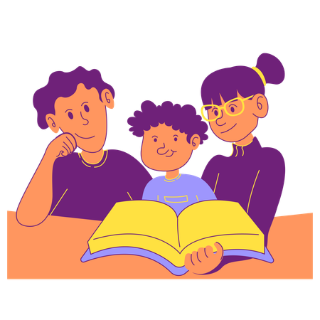 Little boy and reading book with parents  Illustration