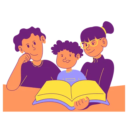 Little boy and reading book with parents  Illustration