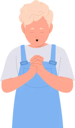 Little Boy Child Cartoon Character Asking God Folding Hands In Praying Position Isolated On White Background Cheerful Preschooler Religious Prayer Making Wish Expressing Hope Vector Illustration Illustration