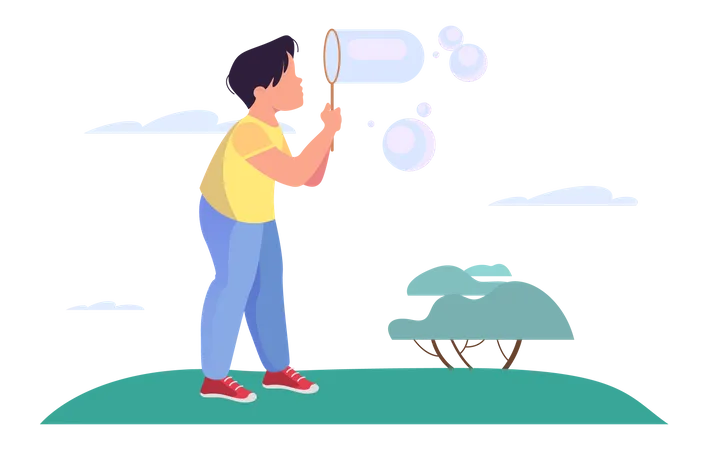 Little boy blowing bubbles in garden Illustration