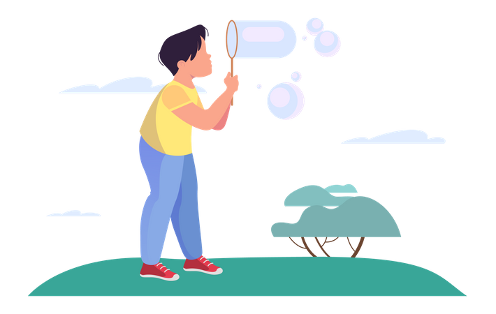 Little boy blowing bubbles in garden  Illustration