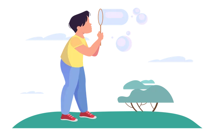 Little boy blowing bubbles in garden  Illustration