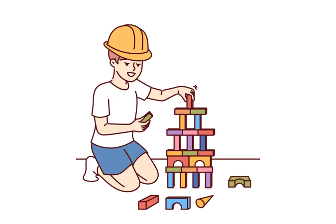 Little Boy Builder Creates Tower From Childrens Bricks Playing And Dreaming Of Becoming Professional Architect Boy Uses Wooden Construction Set To Play And Develop Fine Motor Skills Of Fingers Illustration
