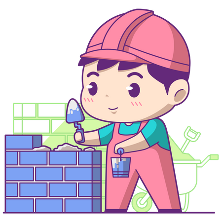 Little boy building brick wall  Illustration