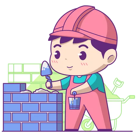 Little boy building brick wall  イラスト