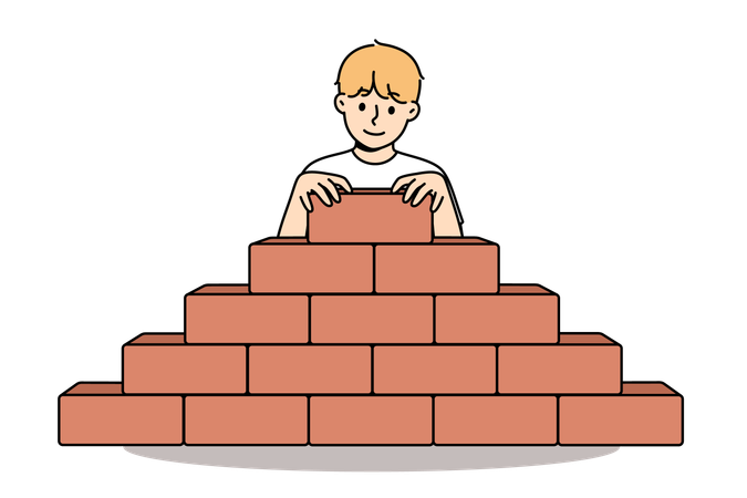 Little boy builds pyramid bricks  イラスト