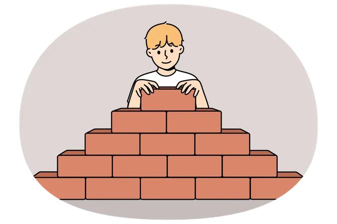 Little boy builds pyramid bricks  Illustration