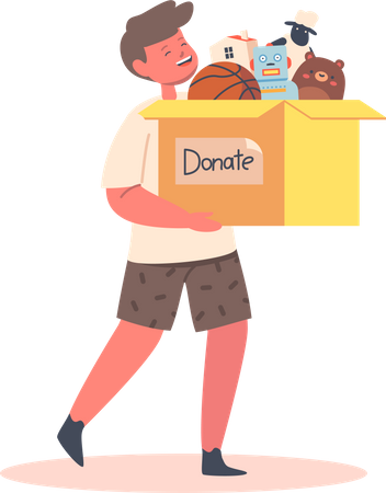 Little Boy Carry Big Carton Box with Donated Toys Illustration