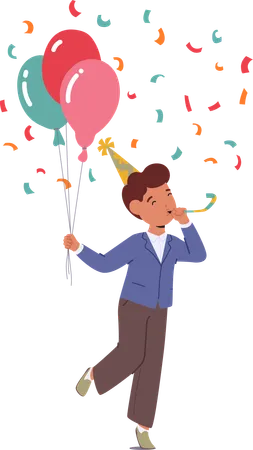 Little Boy Character Gleefully Celebrates Birthday Party Blowing Pipe With Balloons Bunch In Hand Creating A Joyful Atmosphere And Making Unforgettable Memories Cartoon People Vector Illustration Illustration