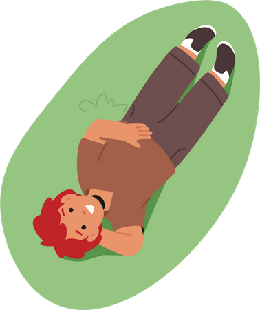 Little Boy Character Lying On Green Meadow  Illustration