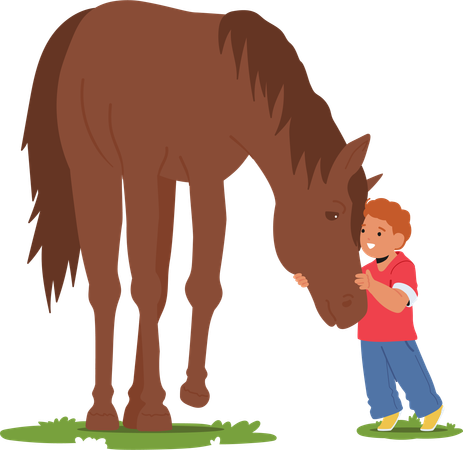Little Boy Character Tenderly Cares For His Horse In A Sunlit Summer Field  Illustration