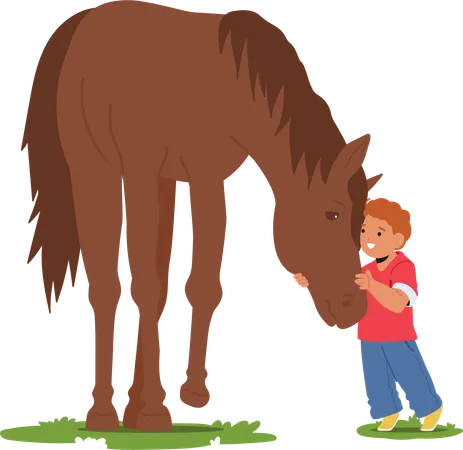Little Boy Character Tenderly Cares For His Horse In A Sunlit Summer Field Their Bond Evident In The Warm Embrace Of Companionship Amid The Vibrant Flourishing Landscape Cartoon Vector Illustration Illustration