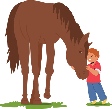 Little Boy Character Tenderly Cares For His Horse In A Sunlit Summer Field  Illustration