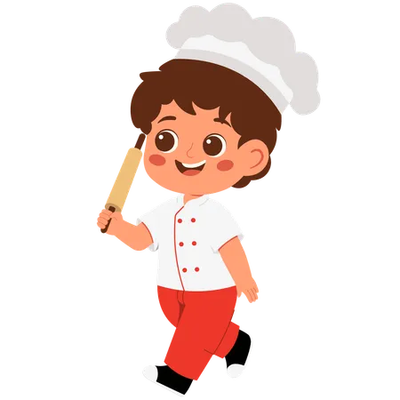 Little Boy Chef Carrying A Rolling Pin  Illustration