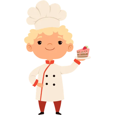 Little boy chef with cake piece  イラスト