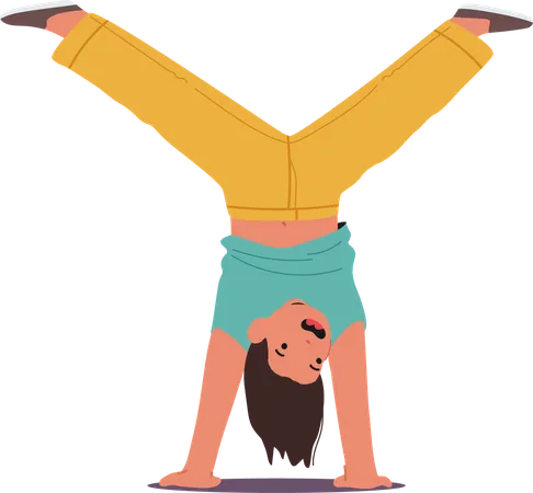 Little boy child doing handstand balancing upside down training breakdance  Illustration