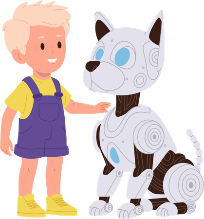 Little boy child playing with robotic dog cute automated puppy machine  Illustration