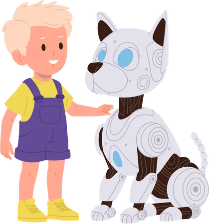 Little boy child playing with robotic dog cute automated puppy machine  Illustration