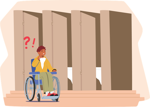 Little boy child  sitting in wheelchair having troubles with public lavatory usage  Illustration