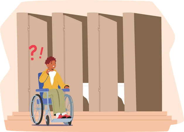 Little boy child  sitting in wheelchair having troubles with public lavatory usage  Illustration